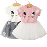 New Girls Kids Cute Child Cat Short Sleeve T-Shirt Butterfly Beaded Puffy Skirt Skirt Set - Almoni Express