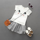 New Girls Kids Cute Child Cat Short Sleeve T-Shirt Butterfly Beaded Puffy Skirt Skirt Set - Almoni Express