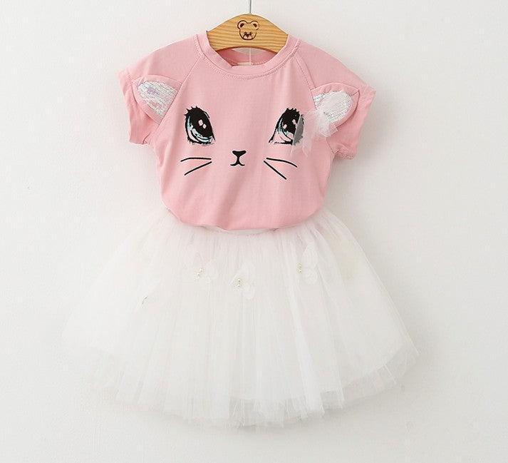 New Girls Kids Cute Child Cat Short Sleeve T-Shirt Butterfly Beaded Puffy Skirt Skirt Set - Almoni Express