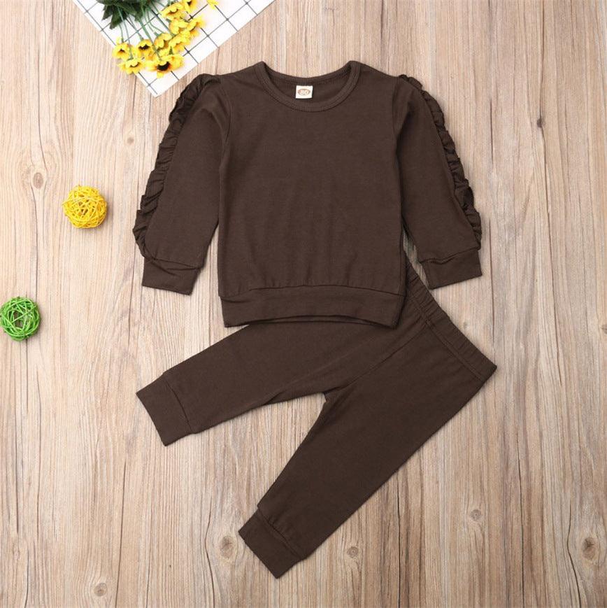 Newborn Baby Boys Girls Ruffles Jumper Solid Long Sleeve Sweatshirt Tops Pants Infant Kids 2Pcs Outfits Clothes Set Fall Clothes - Almoni Express