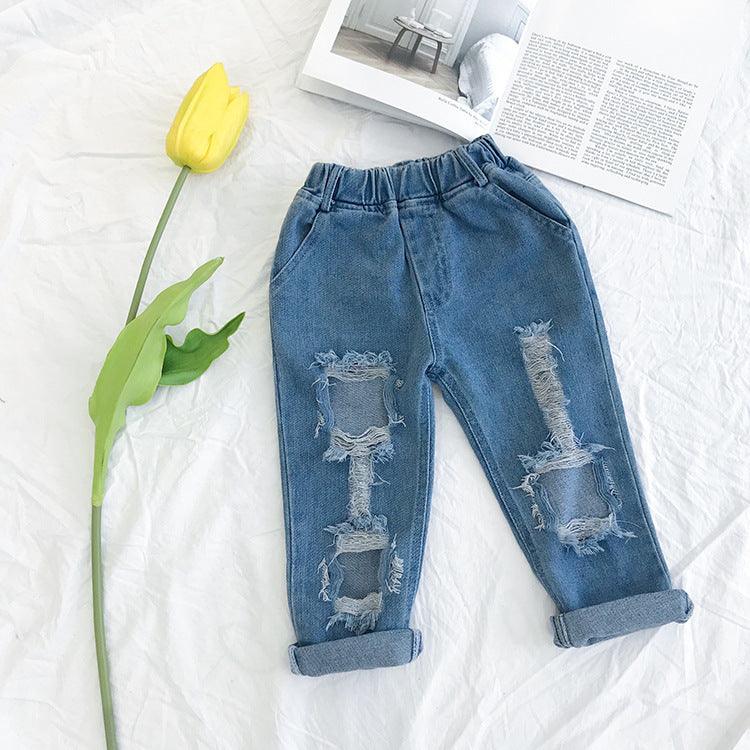 Small And Medium-sized Children's Ripped Loose Jeans - Almoni Express