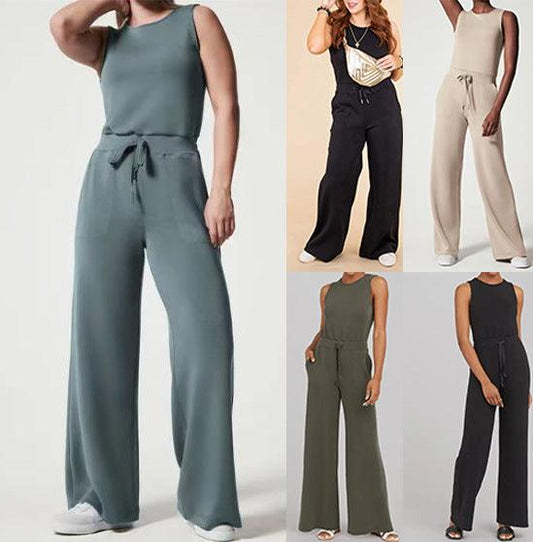 Solid Color Jumpsuit Sleeveless Tops Tie Elastic Pants Romper - AL MONI EXPRESS