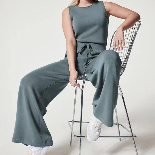 Solid Color Jumpsuit Sleeveless Tops Tie Elastic Pants Romper - AL MONI EXPRESS