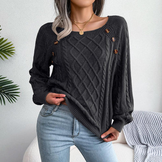 Square Neck Button Fried Dough Twist Knitting Sweater - Almoni Express