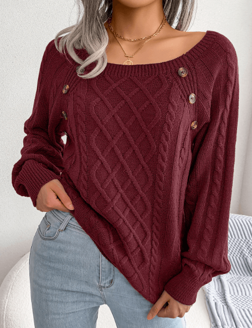 Square Neck Button Fried Dough Twist Knitting Sweater - Almoni Express