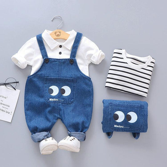 Striped Big Eyes Overalls Shirt T-shirt Kids Suit - Almoni Express