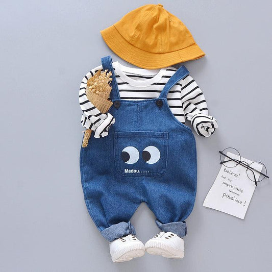 Striped Big Eyes Overalls Shirt T-shirt Kids Suit - Almoni Express