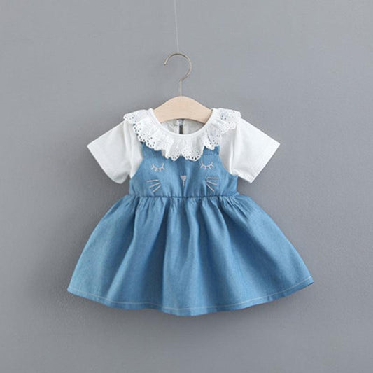 Summer Children Shirt New Solid Color Rabbit Ears Denim Fake Two-piece Skirt Female Children Children's Clothing - Almoni Express