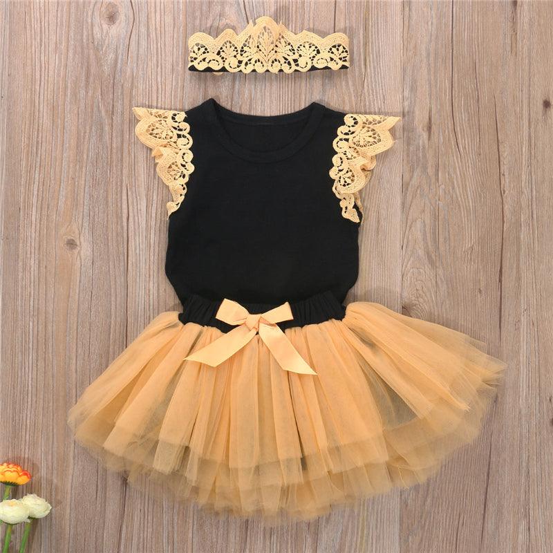 Summer Cute Baby Girl Pure Cotton Casual Clothing Suit Bow Ruffled Bodysuit Tutu Headband Baby Clothing - Almoni Express