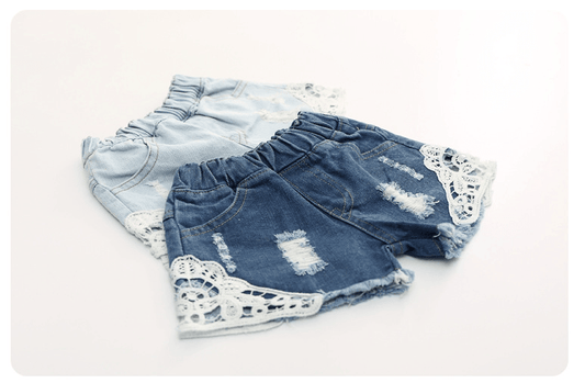 Summer new children's pants Korean personality old wind children's denim shorts Girls lace shorts - Almoni Express