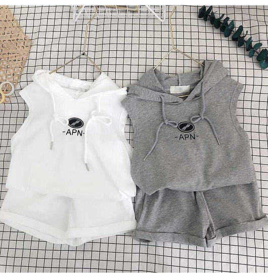 Summer Suit Korean Style Cotton Sleeveless Hooded Shorts Two-Piece Girl Western Style Suit - Almoni Express