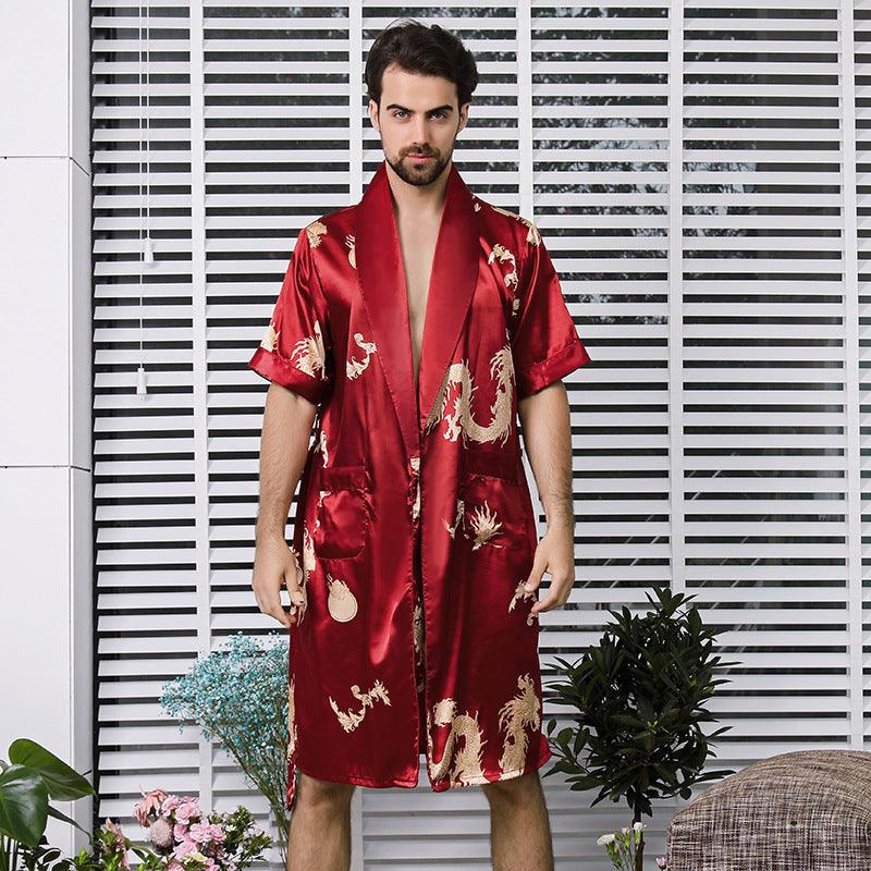 Two-piece Suit Of Dragon Pattern Bathrobe Silk Nightgown And Short Pajama Pants - Almoni Express