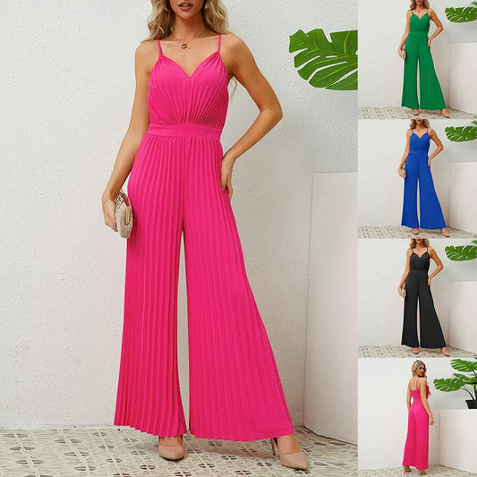 V-neck Suspender Pleated Jumpsuit Solid Color Loose Straight Pants Womens Clothing - AL MONI EXPRESS