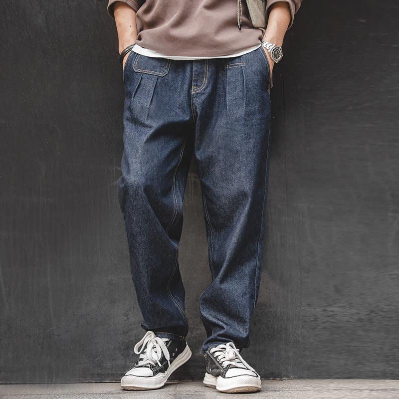 Vintage Denim Washed Elastic Waist Loose Jeans Cityboy Wide Leg Tapered Pants Men - AL MONI EXPRESS