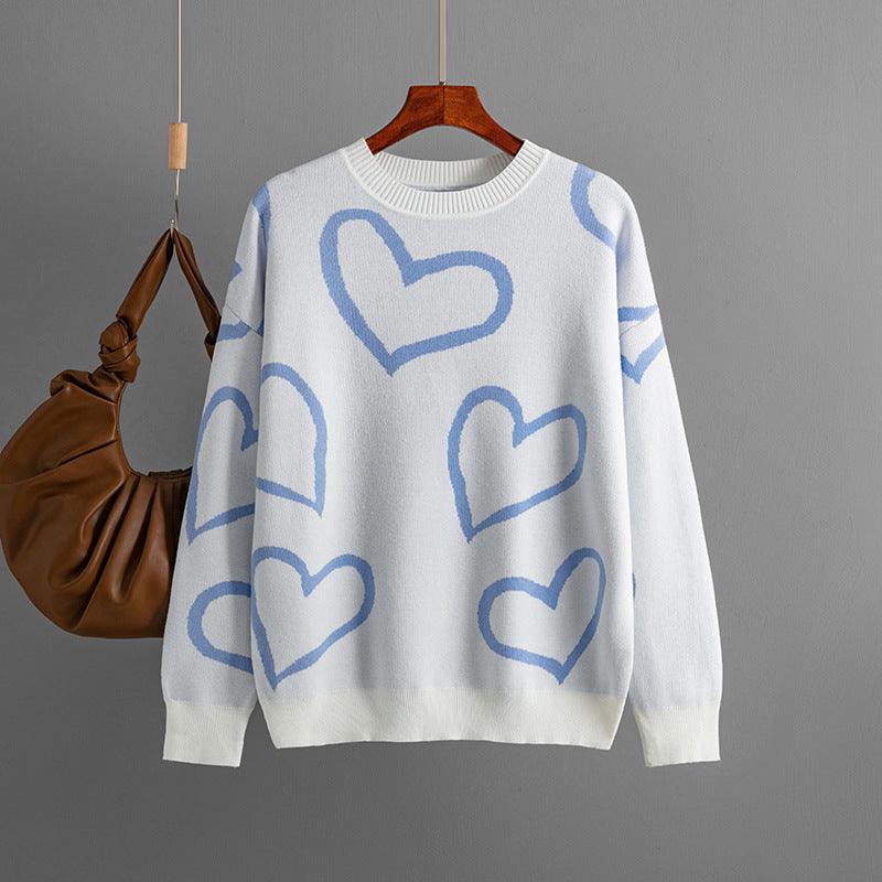 Women's Fashion Round Neck Heart Color Clash Sweater - Almoni Express