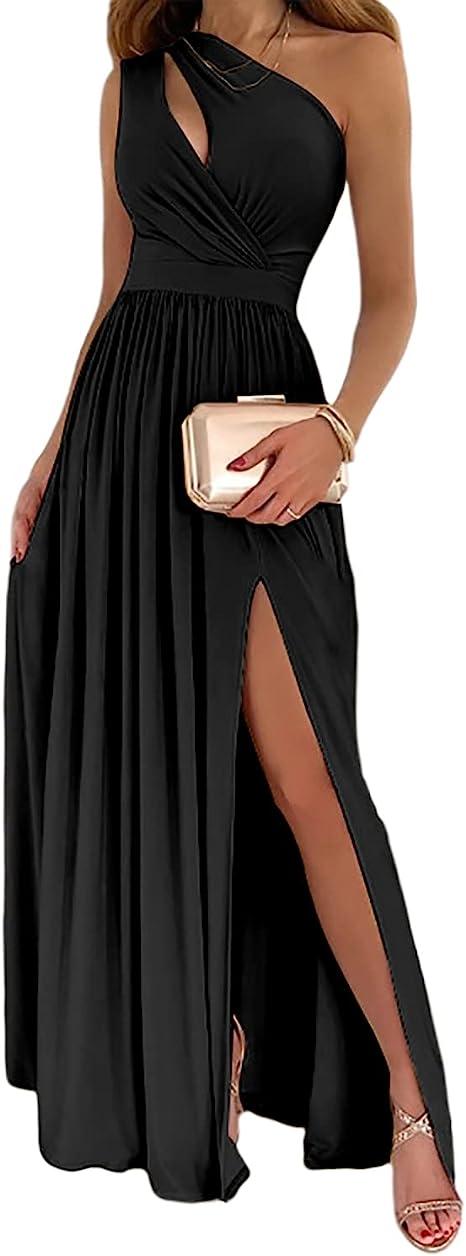 Women's One Shoulder High Split Cutout Sleeveless Elegant Sexy Cocktail Maxi Dress - Almoni Express