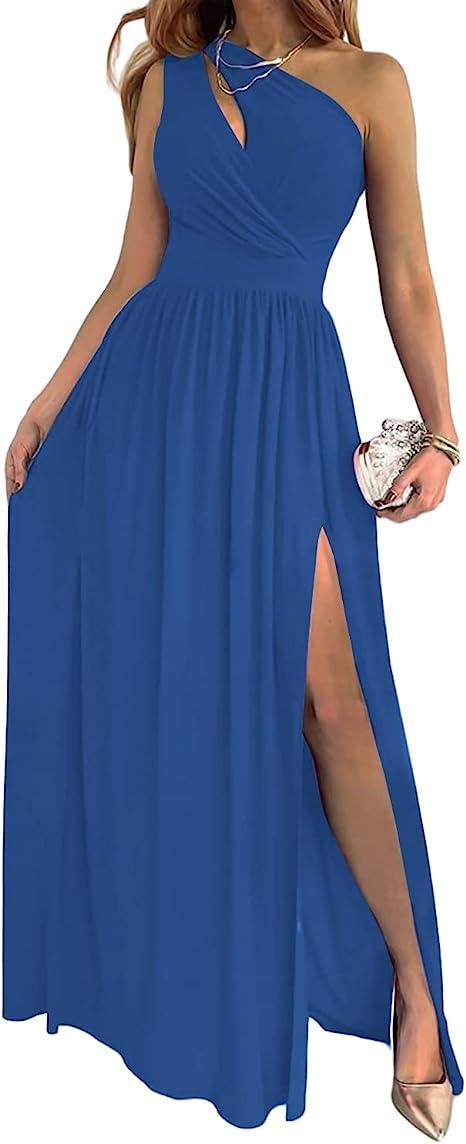 Women's One Shoulder High Split Cutout Sleeveless Elegant Sexy Cocktail Maxi Dress - Almoni Express